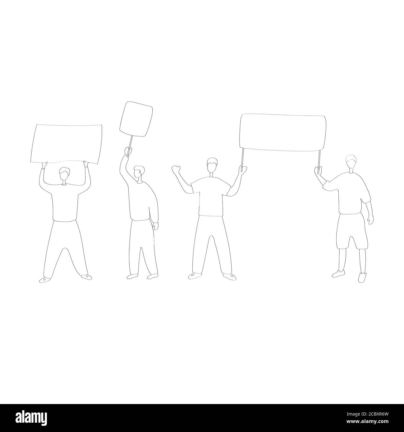Young men at picket. Ecoactivist holds poster at rally. People go to political demonstrations. Men are protesting. Hand drawn flat vector illustration Stock Vector