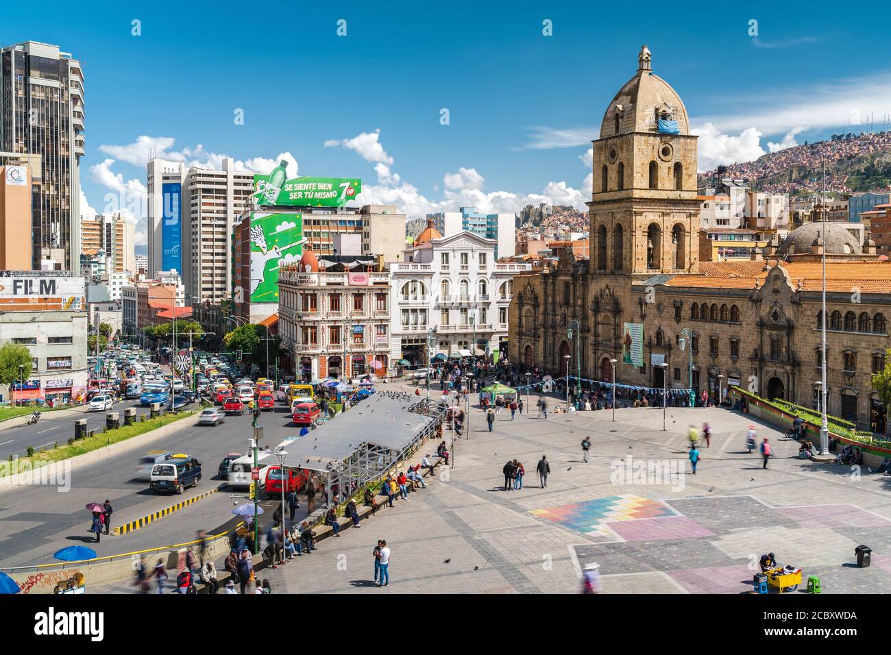 Architectural landmark San Francisco Cathedral at Plaza San Francisco by day in Central La Paz, Bolivia, South America. Stock Photo