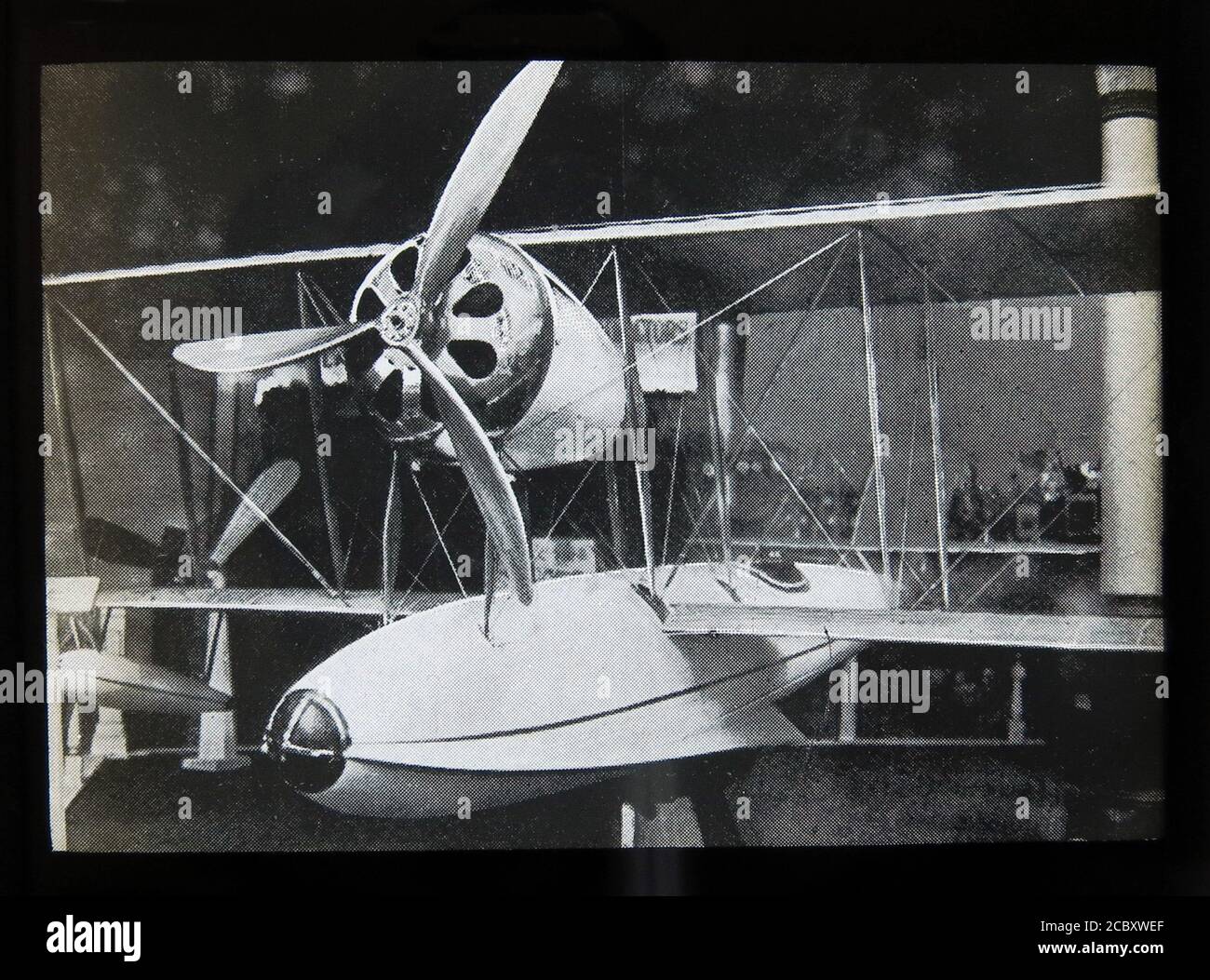 A magic lantern slide depicting the Pemberton-Billing P.B.1 flying boat, exhibited at the Olympia Aero Show in March 1914. The P.B.1, sometimes known as the 'Supermarine', was a British single-seat flying-boat built by Pemberton-Billing Limited, which later became the Supermarine Aviation Works. Only one example was built. Slide published by W. Butcher & Sons, London and dating from around 1914. Stock Photo