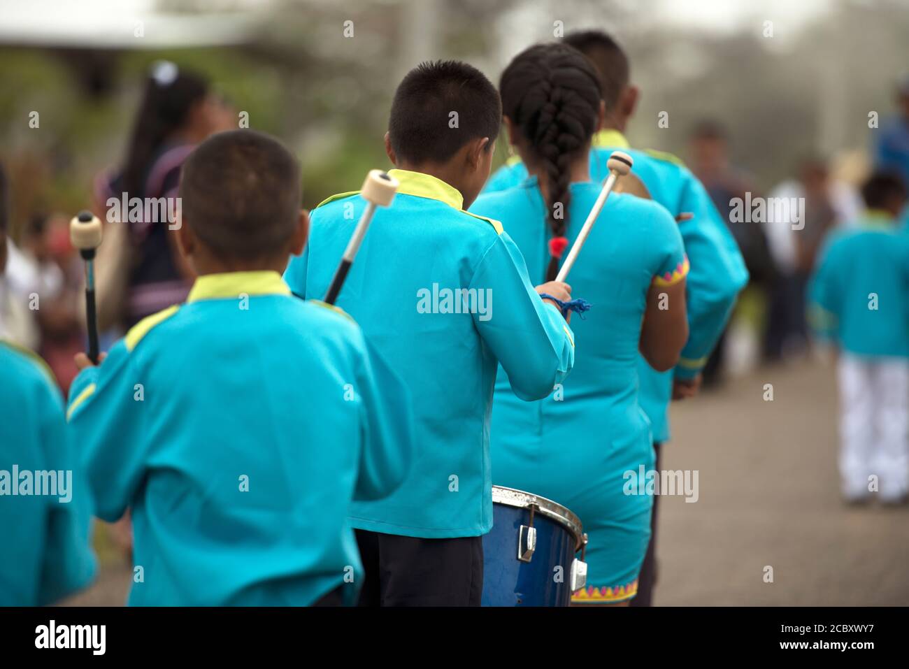 Indigenous children from a marching band parade in Panama's Ngäbe-Bugle comarca. Stock Photo