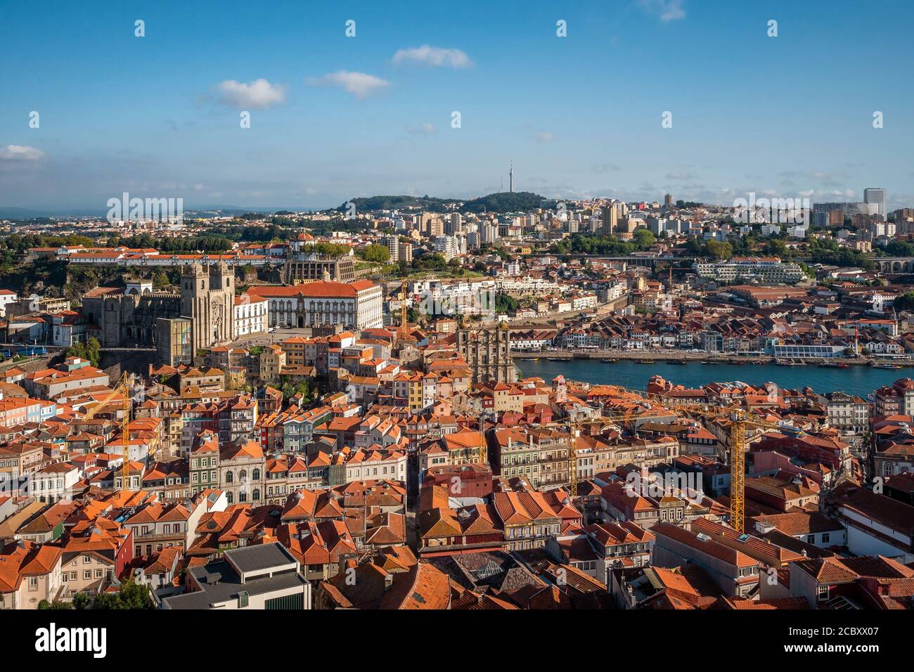 Porto, Portugal, panoramic view of cityscape overlooking the Historic Centre and Douro River by day during summer. Stock Photo