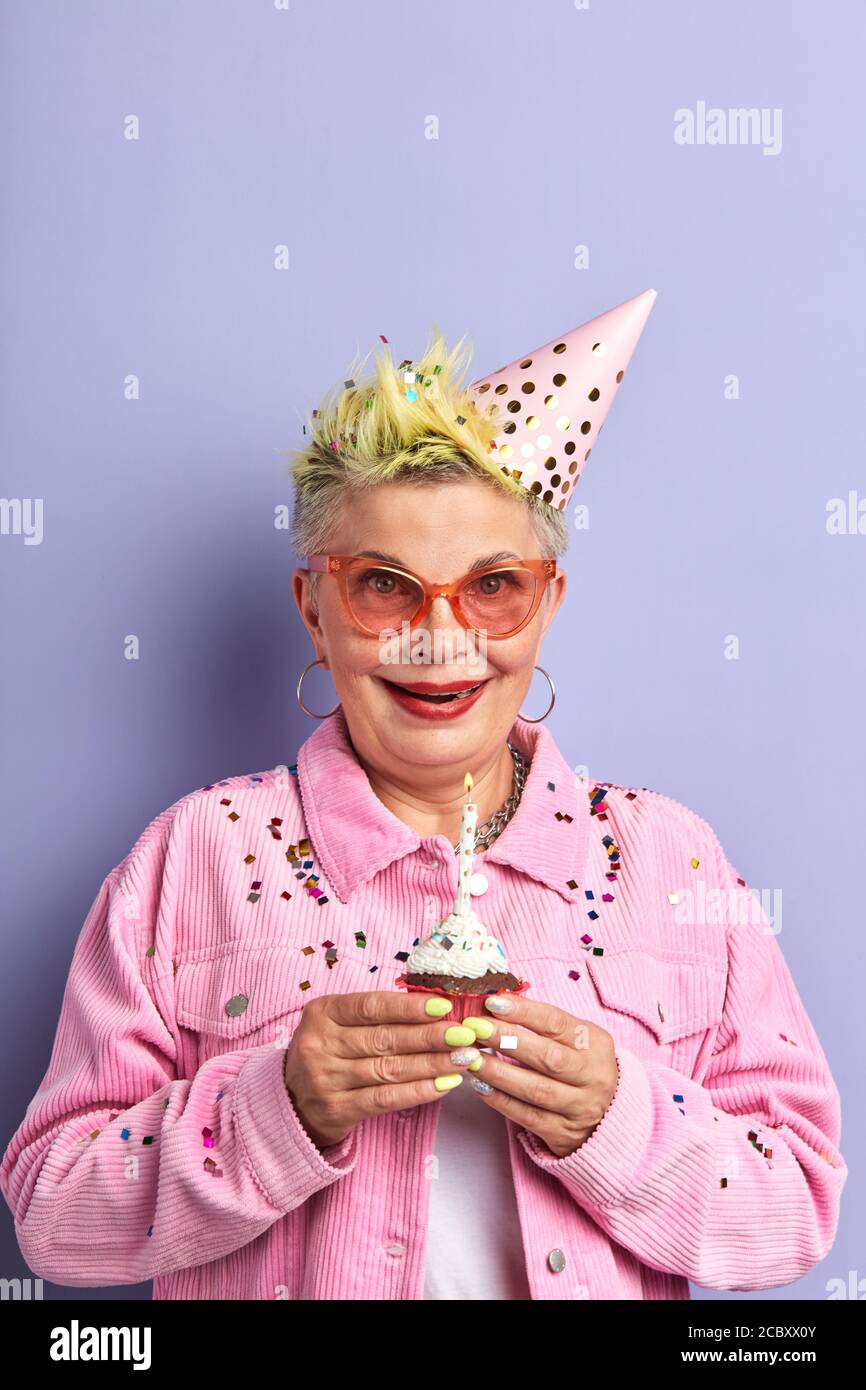 funny old lady waiting for wonder on her birthday, woman remembers her  , lifestyle Stock Photo - Alamy