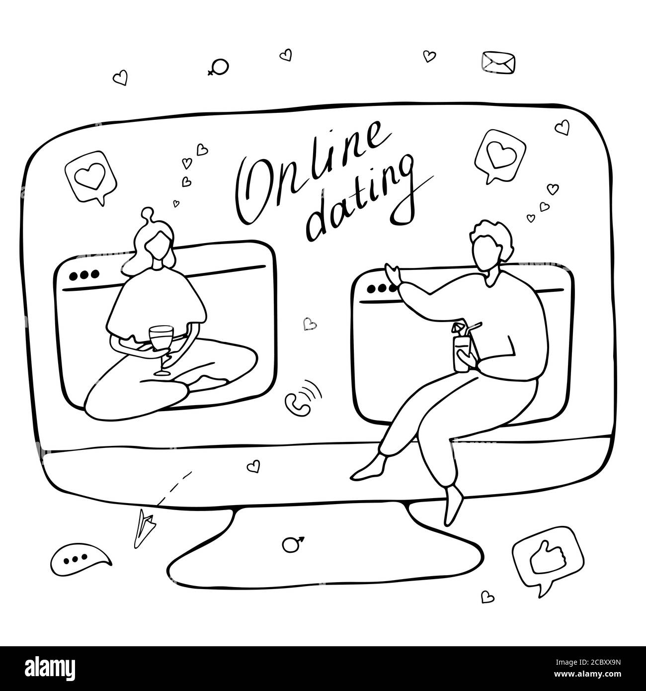 Internet dating. Internet flirting and relationships. Mobile service, application for meeting foreigners. Flat vector illustration Stock Vector