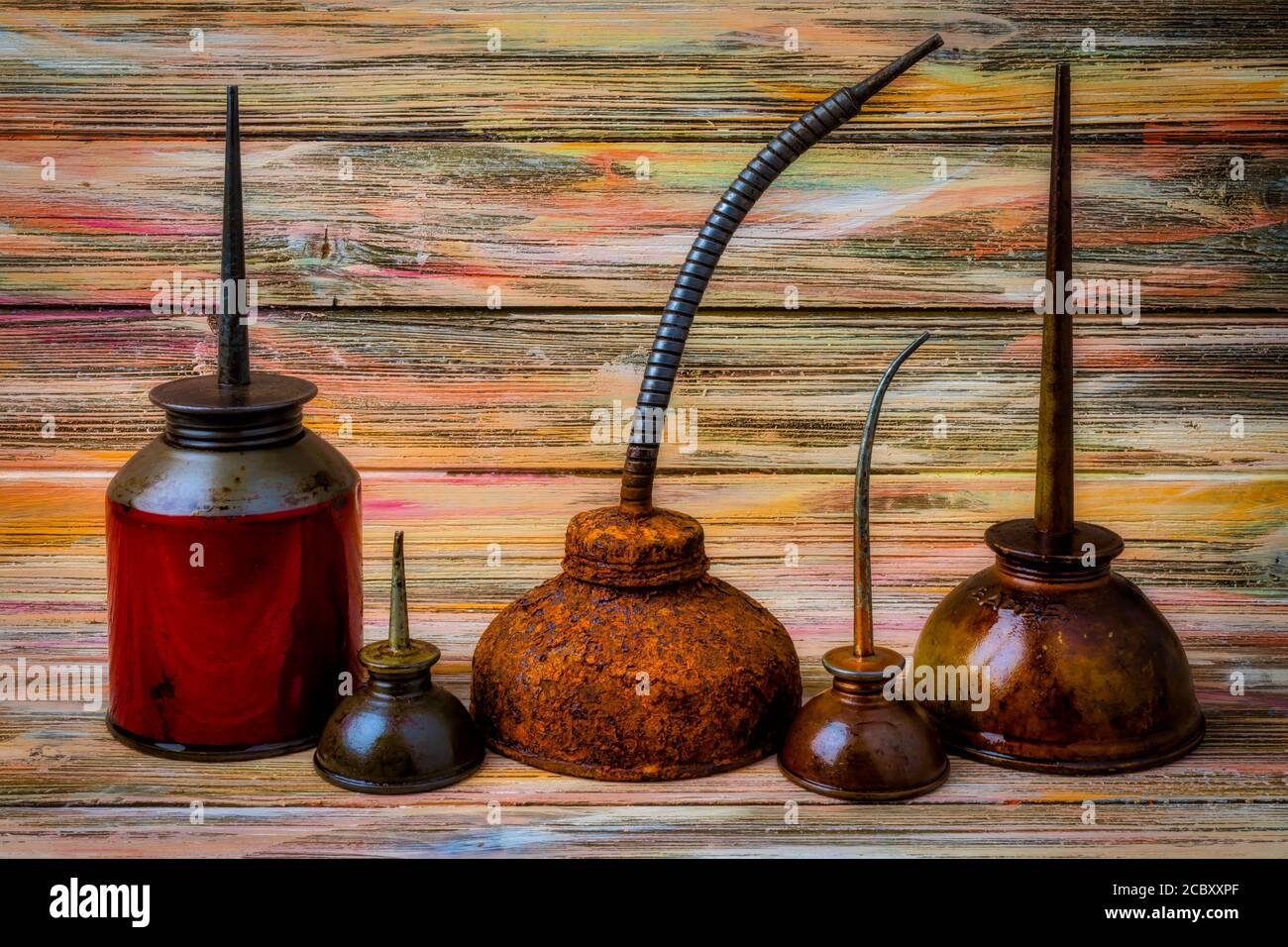 Old Rusty Oil Cans Stock Photo