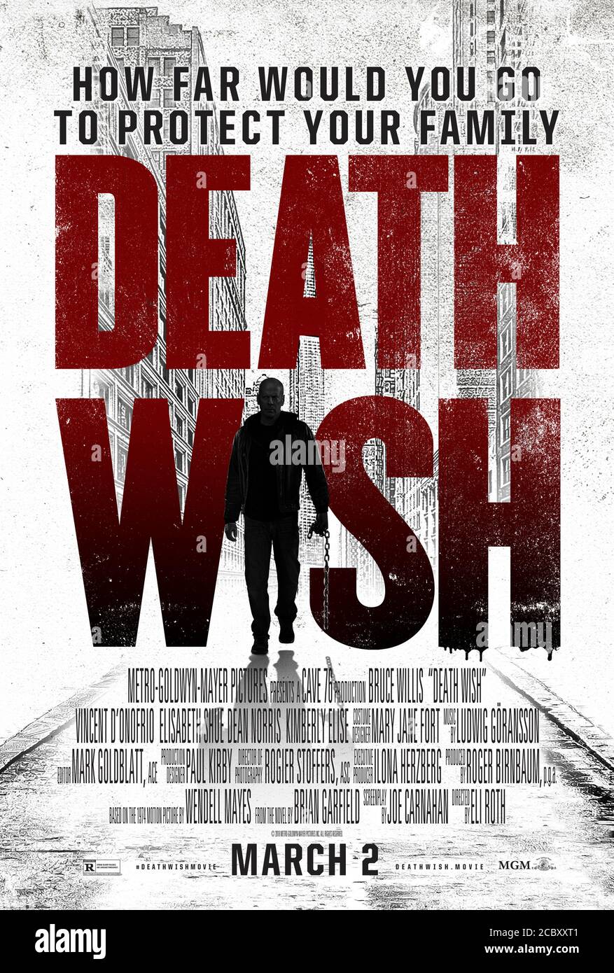 Death Wish (2018) directed by Eli Roth and starring Bruce Willis, Vincent D'Onofrio, Elisabeth Shue and Camila Morrone. Remake based on Brian Garfield's 1972 novel about a doctor turned vigilante who takes revenge on the men who destroyed his family. Stock Photo