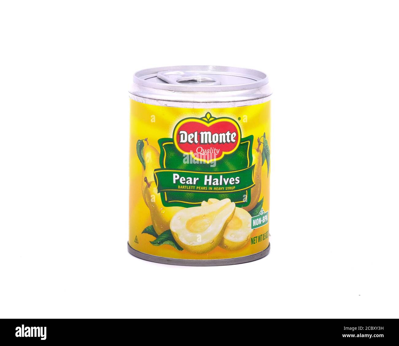 Can of Pear Halves Stock Photo