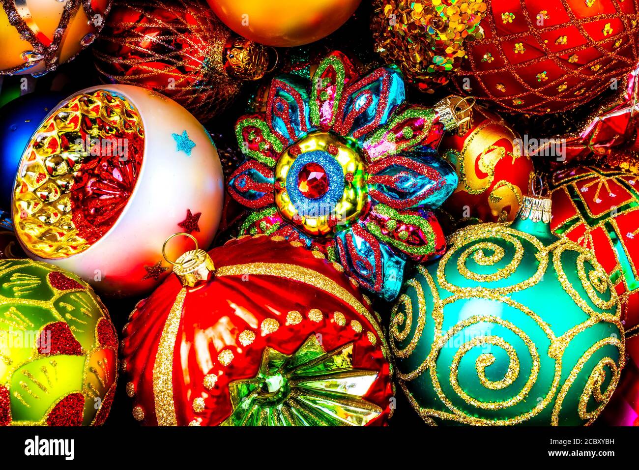 Many Beautiful Christmas Ornaments Stock Photo