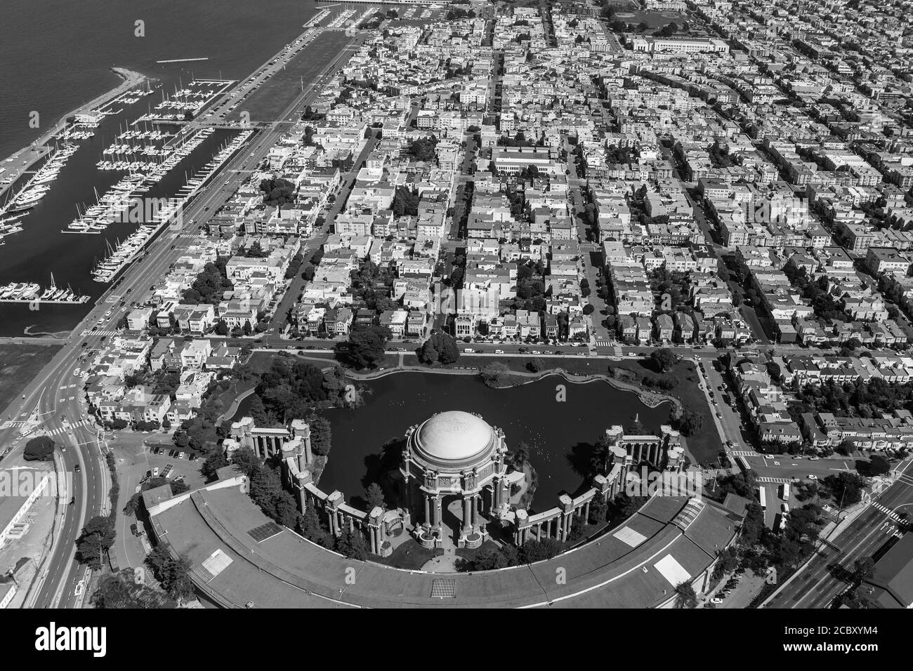 Black and white aerial view of the Palace of Fine Arts Park in San Francisco, California. Stock Photo