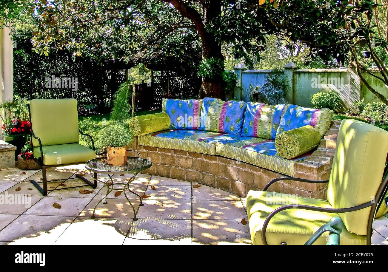 Landscape Design, Stone Sofa with Cushions Stock Photo