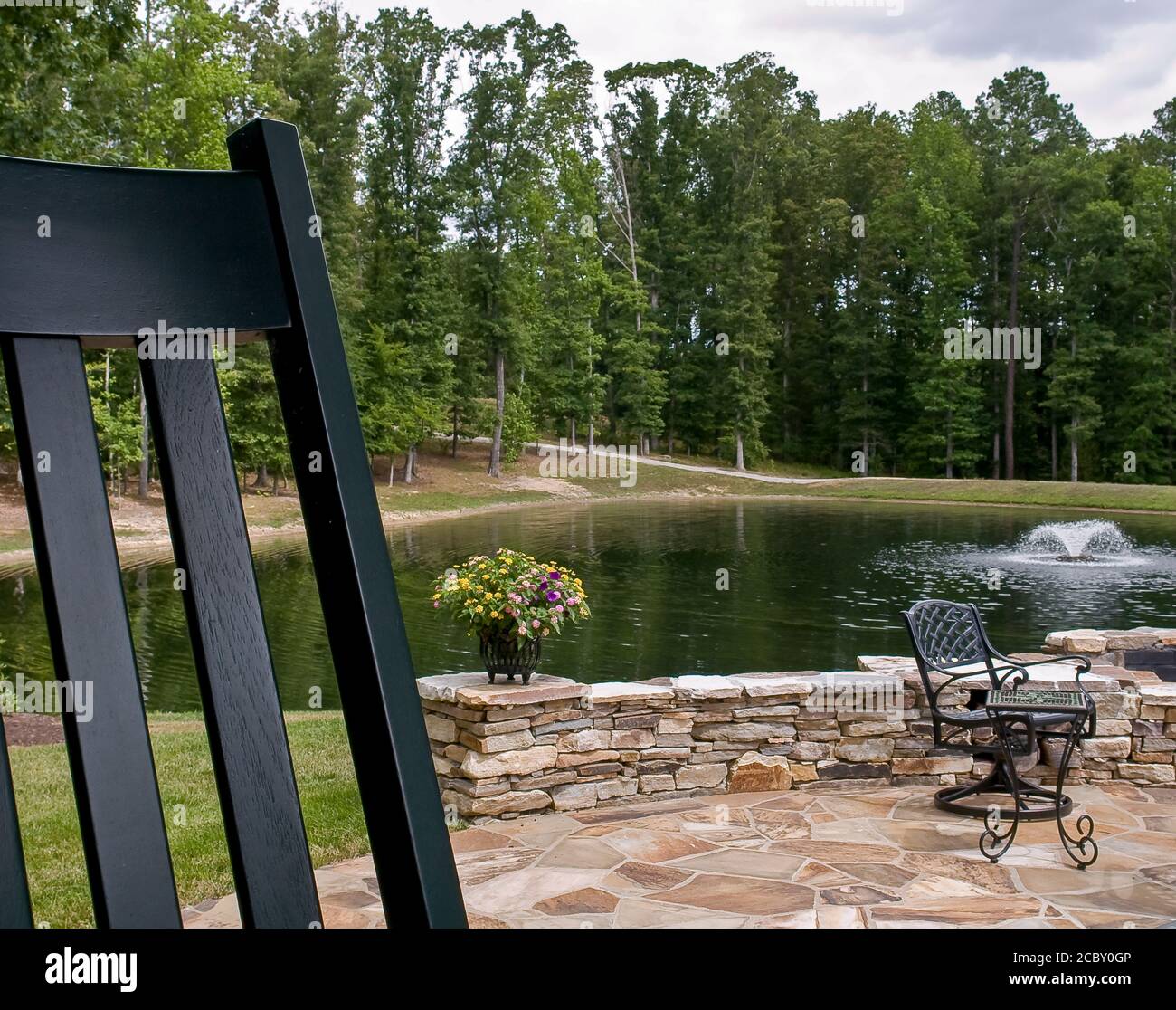 Lake Front property-Stone Wall and Patio Stock Photo