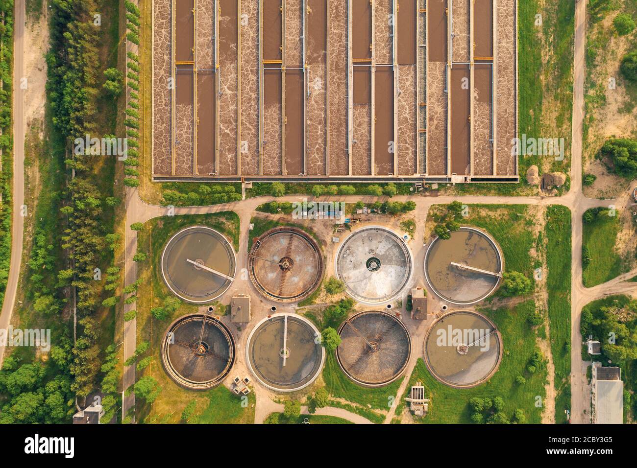 Wastewater treatment plant, filtration of dirty or sewage water, aerial view. Stock Photo