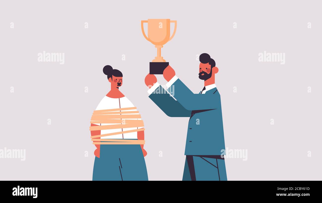 businessman holding trophy cup near tied businesswoman with duct tape on mouth gender inequality sexism discrimination concept horizontal portrait vector illustration Stock Vector