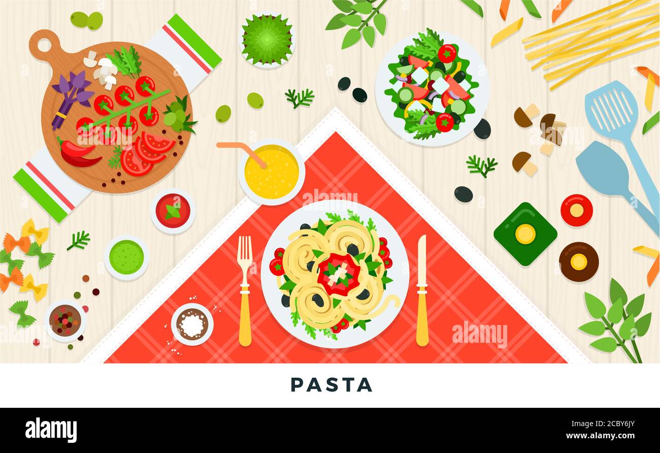 Pasta and ravioli cooking and ingredients. Spaghetti dishes isolated on white. Vector illustration Stock Vector