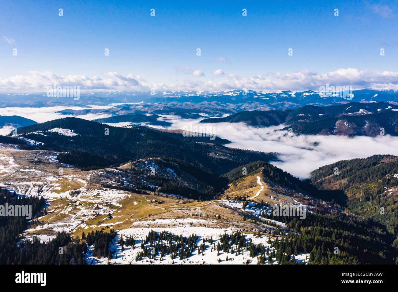 Morning in the mountains. Carpathian Ukraine, Aerial view Stock Photo ...