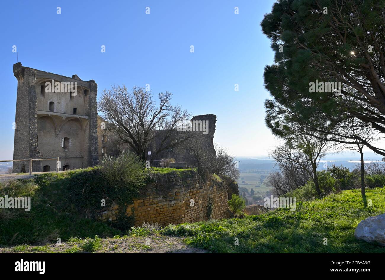 The castle ruins of Châteauneuf-du-Pape above the Rhone valley, Provence FR Stock Photo