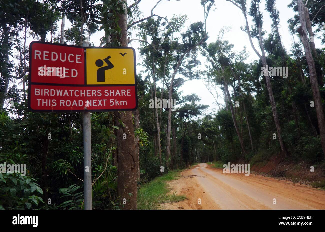 Sign warning of birdwatchers, Iron Range National Park, Cape York Peninsula, Queensland, Australia Stock Photo
