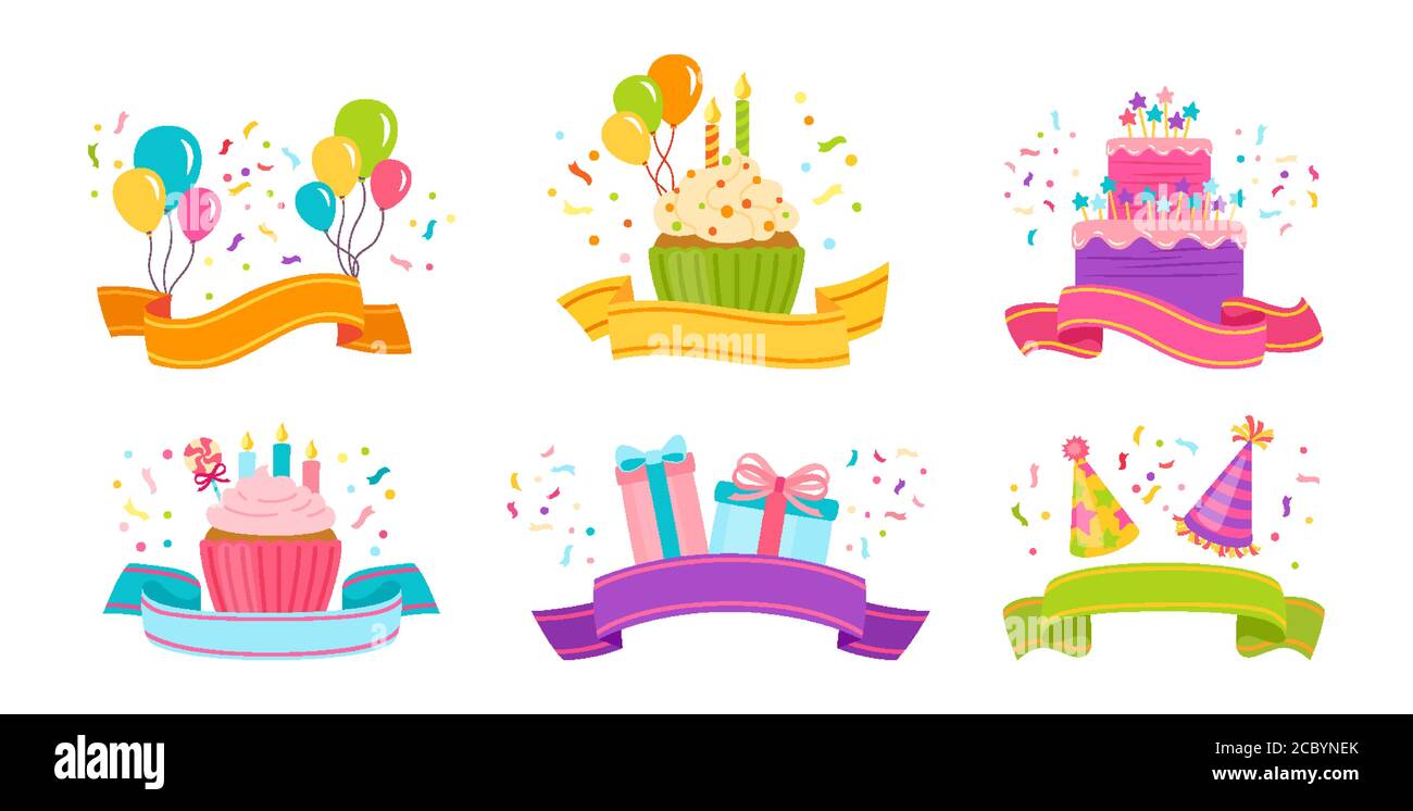 Birthday ribbon flat set. Cartoon blank tape present, cake, candle ...