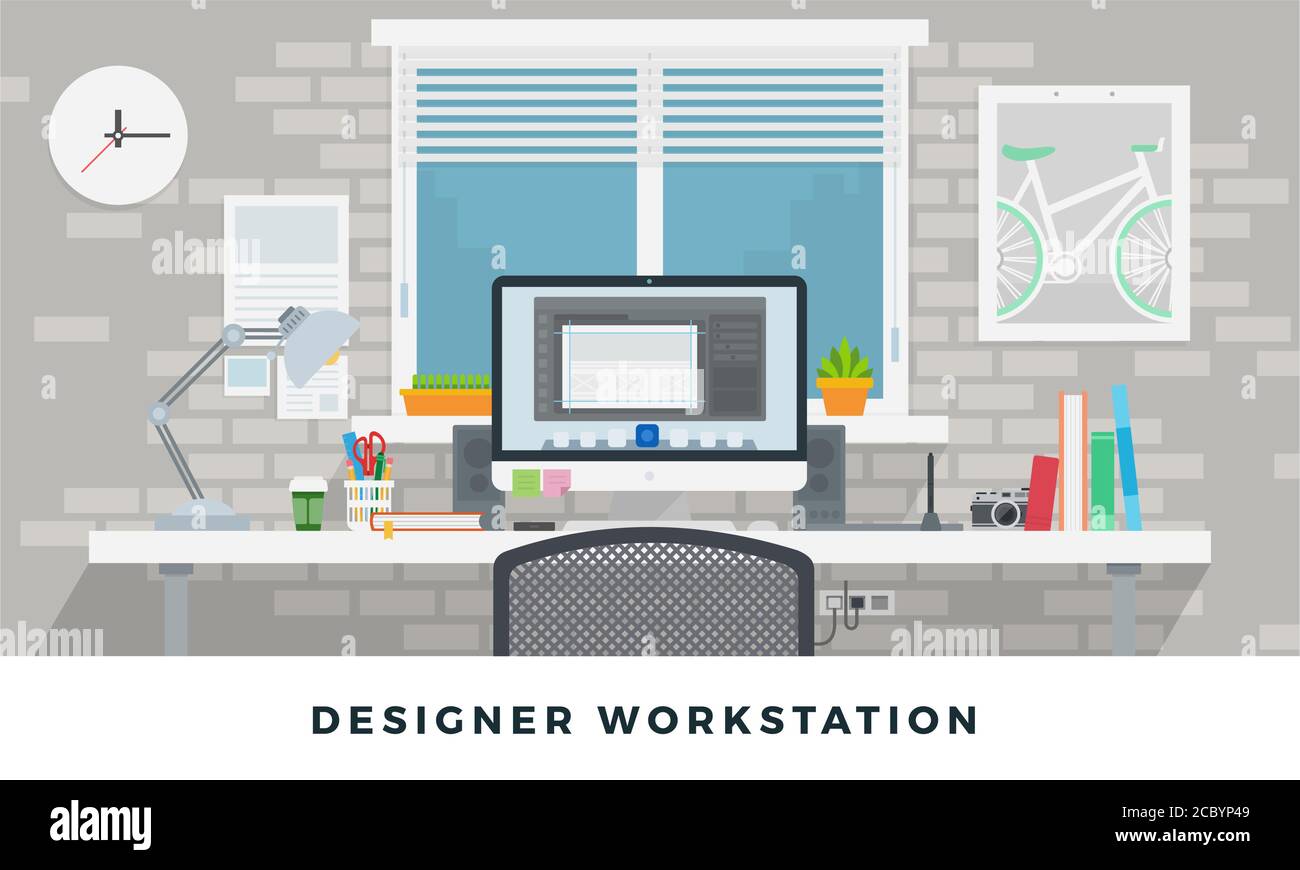 Workplace Office illustration. Vector table in empty office room. Designer working place creative concept. Flat set illustration Stock Vector