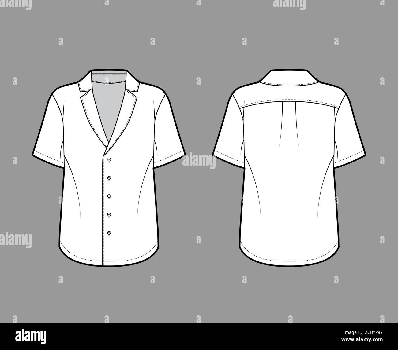 Pajama-style shirt technical fashion illustration with loose fit, pointed notch collar, front button fastenings, short sleeves. Flat apparel template front back white color. Women men unisex top Stock Vector