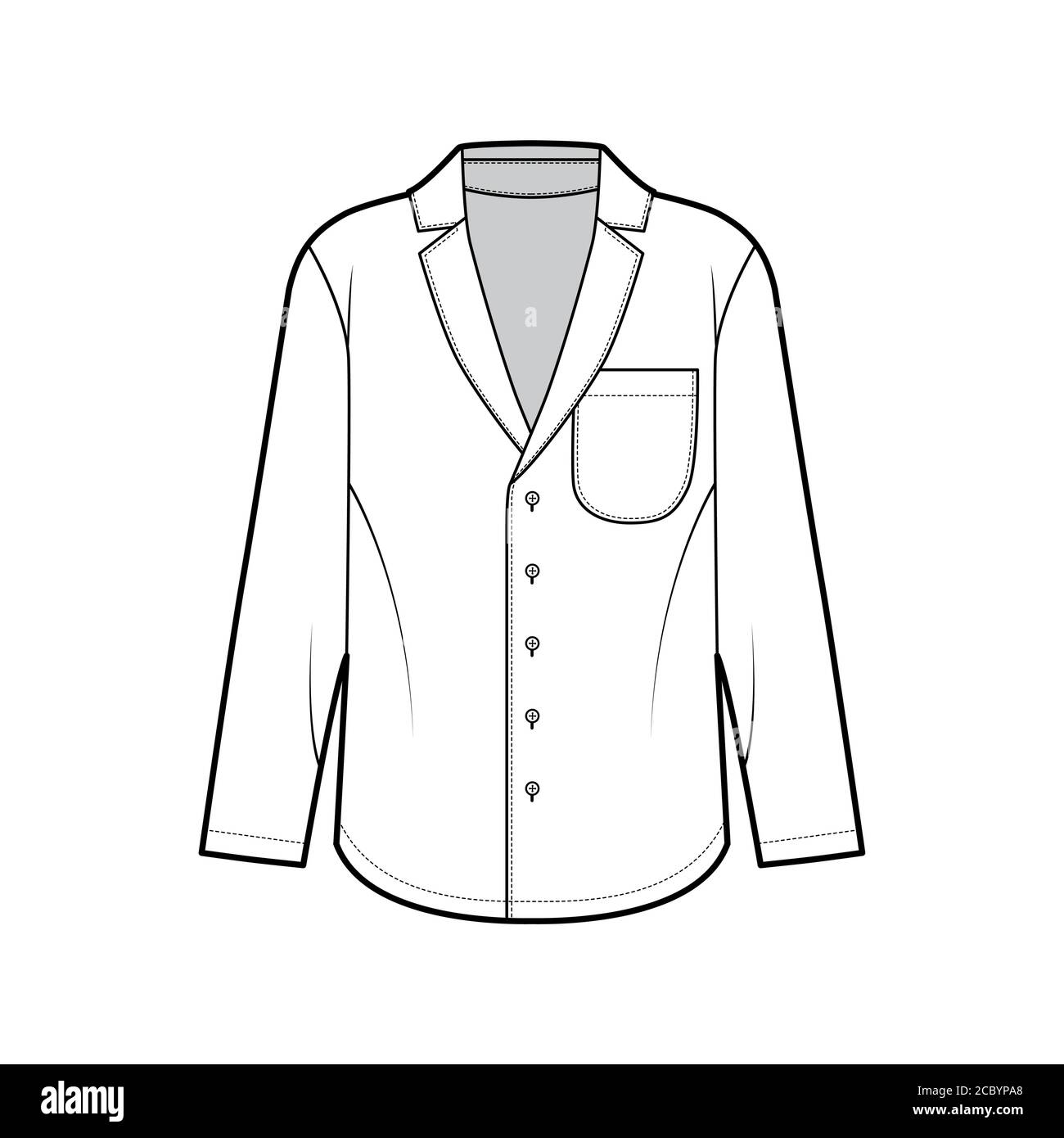 Shirt technical fashion illustration with loose silhouette, pointed notch collar, front button fastenings, rounded pocket, long sleeves. Flat apparel template front white color. Women men unisex top Stock Vector