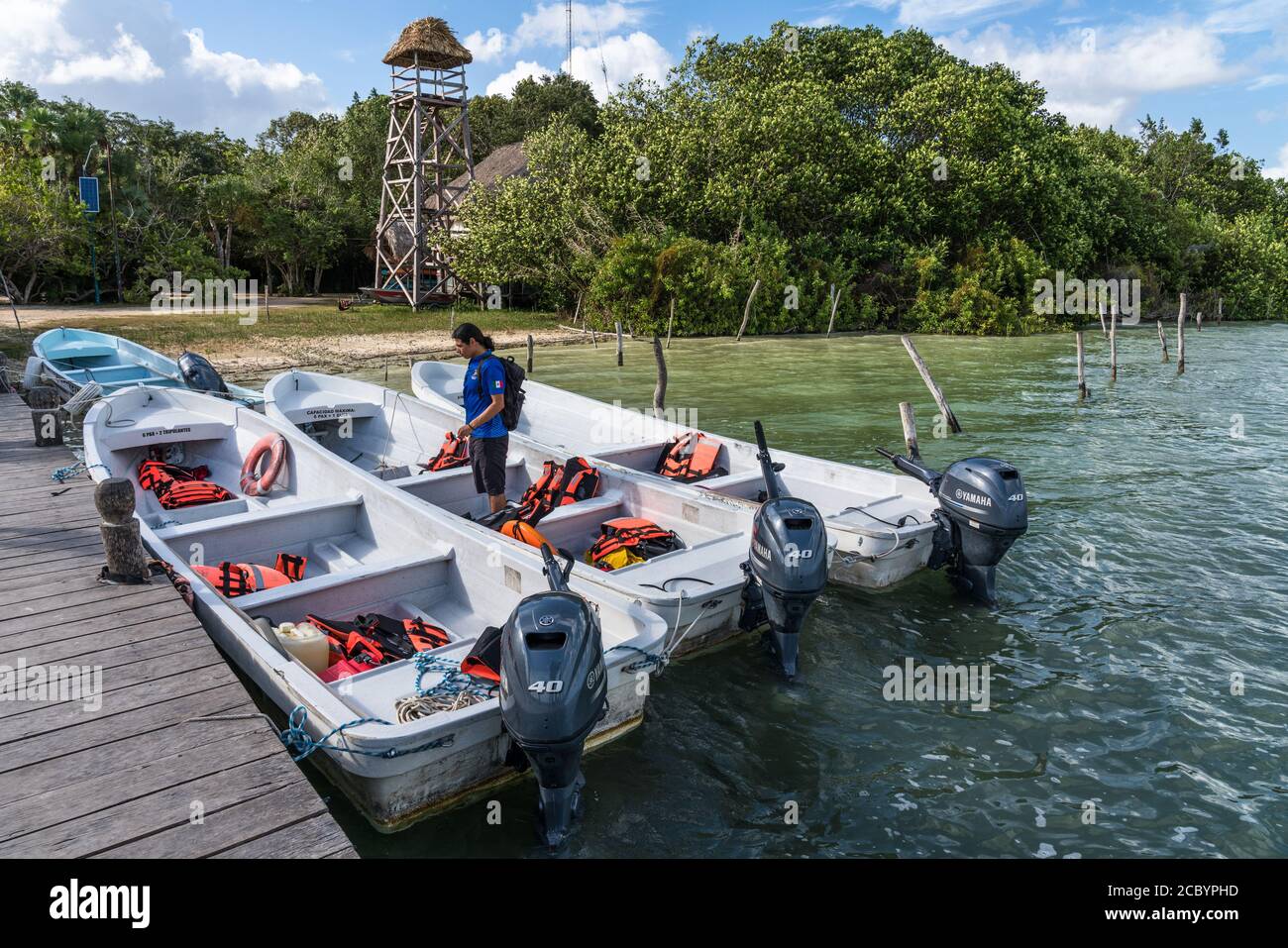 The observation tower and boat dock at the Muyil Lagoon in Sian Ka'an, a UNESCO World Biosphere Reserve. Stock Photo