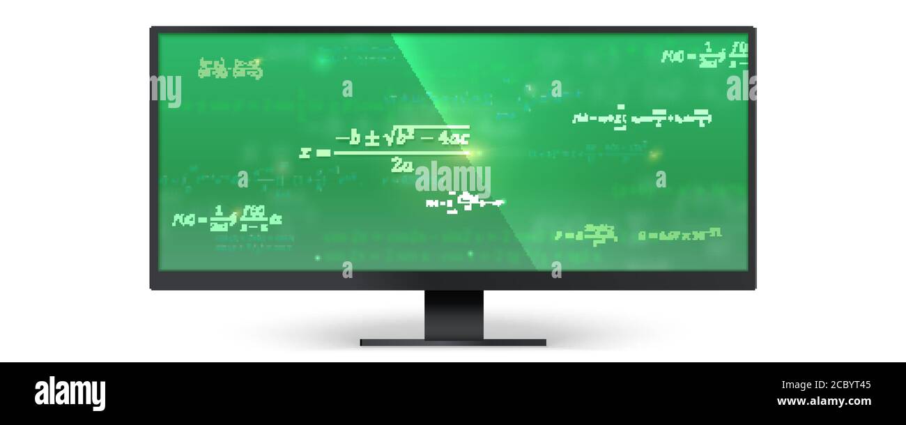 Mathematical formulas on wide green screen of monitor. Concept of online learning. Modern digital education and science. Vector 3d illustration. Stock Vector