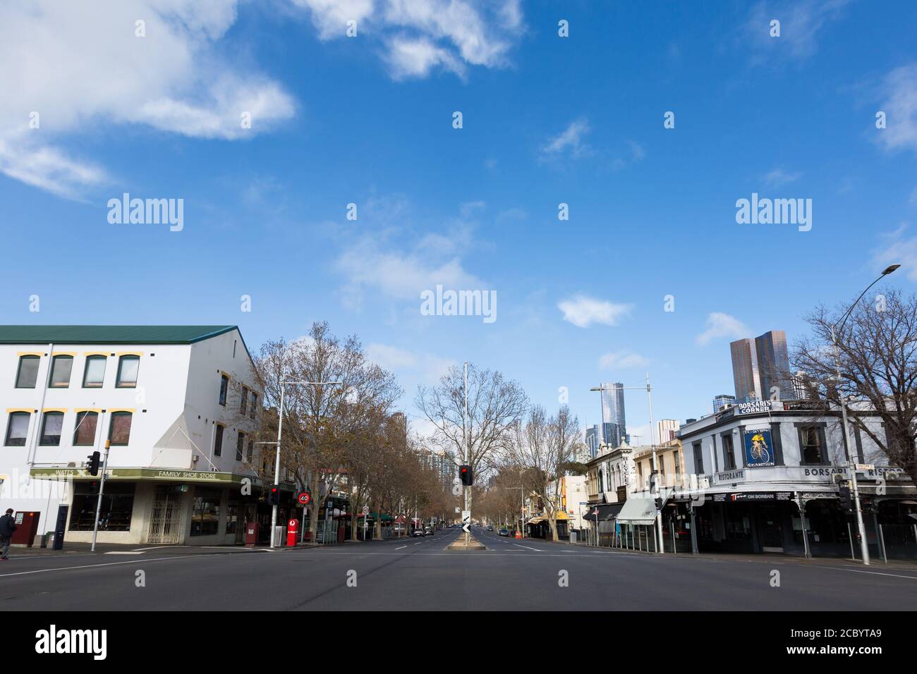 A view of a deserted Lygon Street during COVID-19 in Melbourne, Australia. Little Italy in Lygon Street continues to crumble where over 22 premises wh Stock Photo