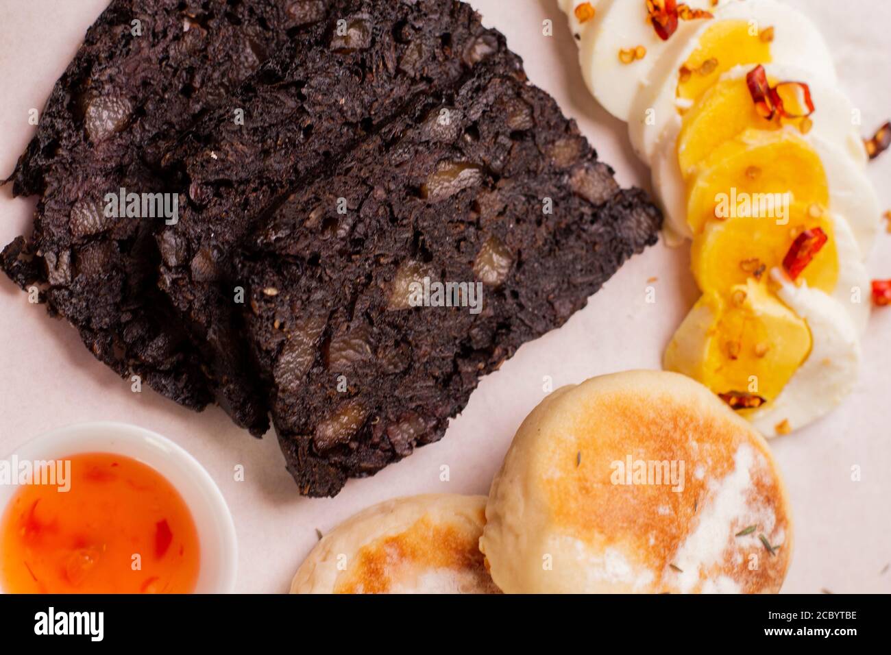Fried British Breakfast with Black Pudding Stock Photo
