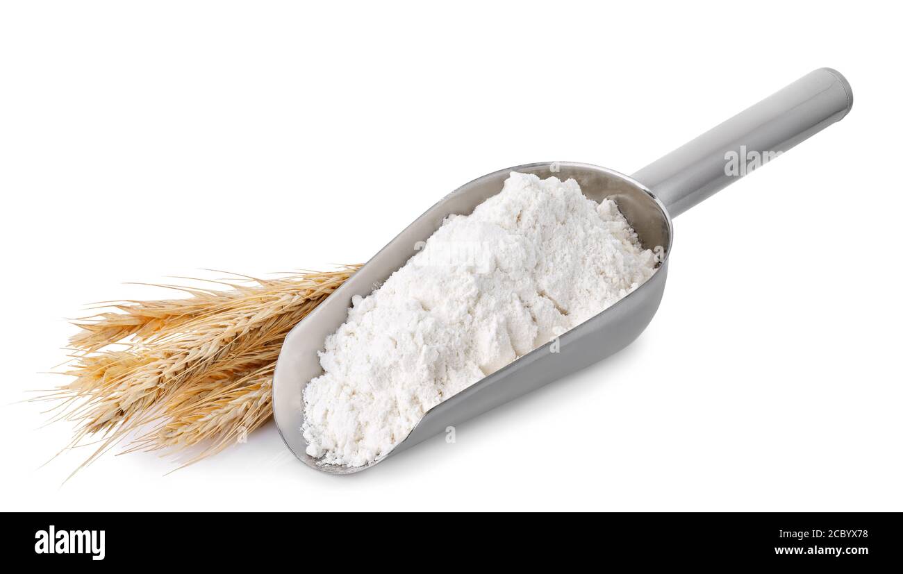 scoop with flour isolated on white Stock Photo