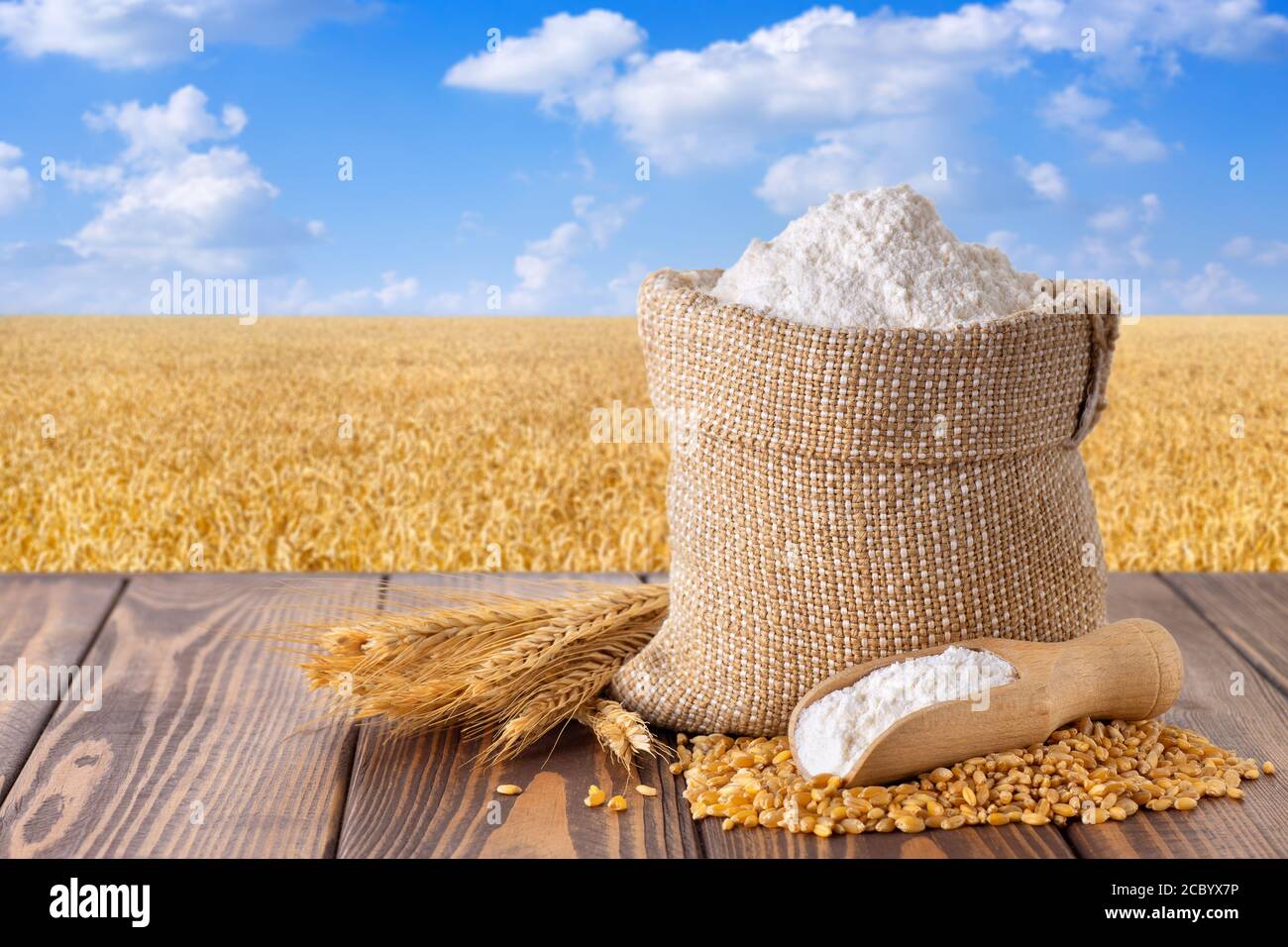 wheat flour in sack Stock Photo