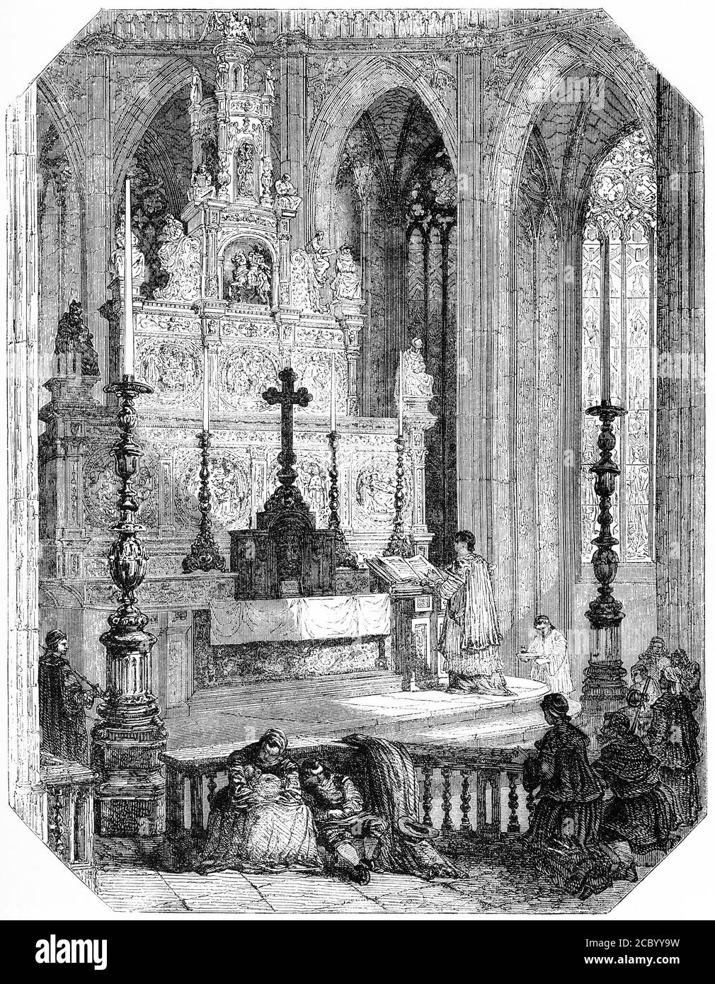 Engraving of the high altar in the church of Rotterdam,  From Wylie's History of Protestantism. Stock Photo