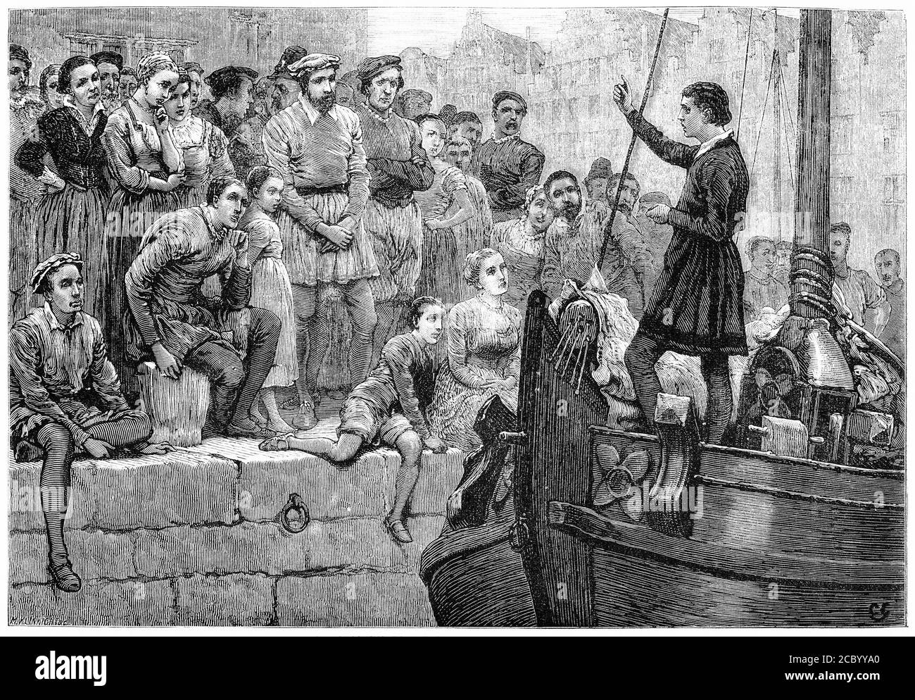 Engraving of Nicholas preaching to the crowd from a boat on the Scheldt, from 'The History of Protestantism' by James Aitken Wylie (1808-1890), pub. 1878 Stock Photo