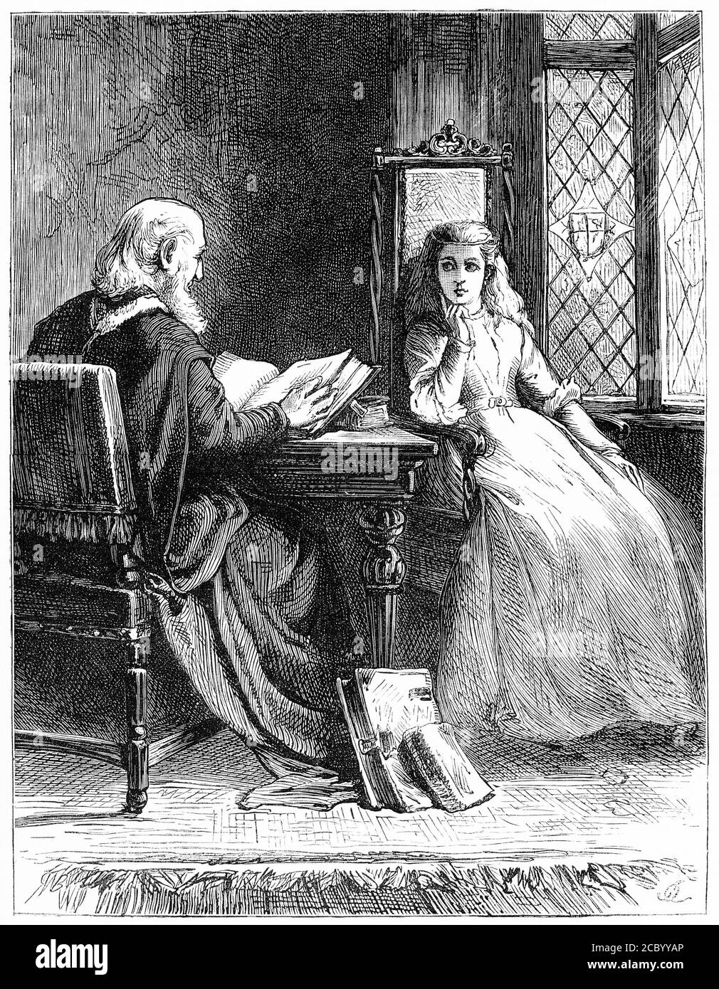 Engraving of Walter Capel reading the scriptures to his daughter, illustration from 'The History of Protestantism' by James Aitken Wylie (1808-1890), pub. 1878 Stock Photo