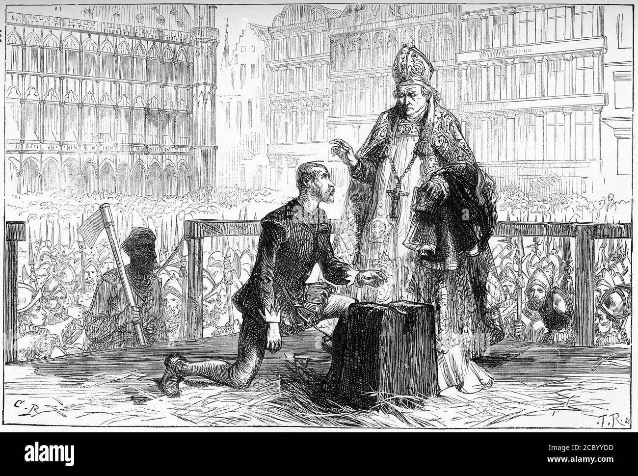 Engraving of Count Egmont on the scaffold just before his execution in 1568,  which helped spark the national uprising that eventually led to the independence of the Netherlands. Stock Photo