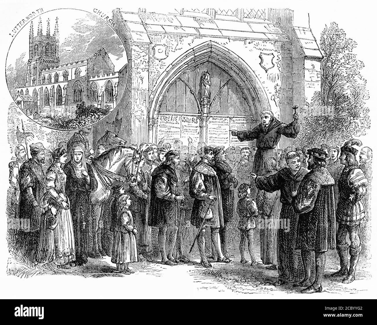 Engraving of two scenes from the Protestant Reformation - Lutterworth Church in England, the parish of John Wycliffe, and John Tetzel selling indulgenses in Germany Stock Photo