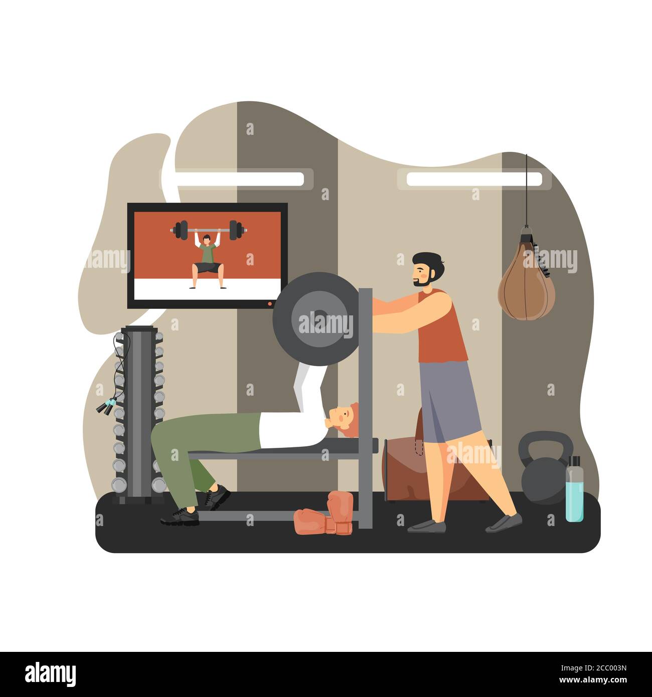 Young man doing bench press exercises, lifting barbell with personal ...
