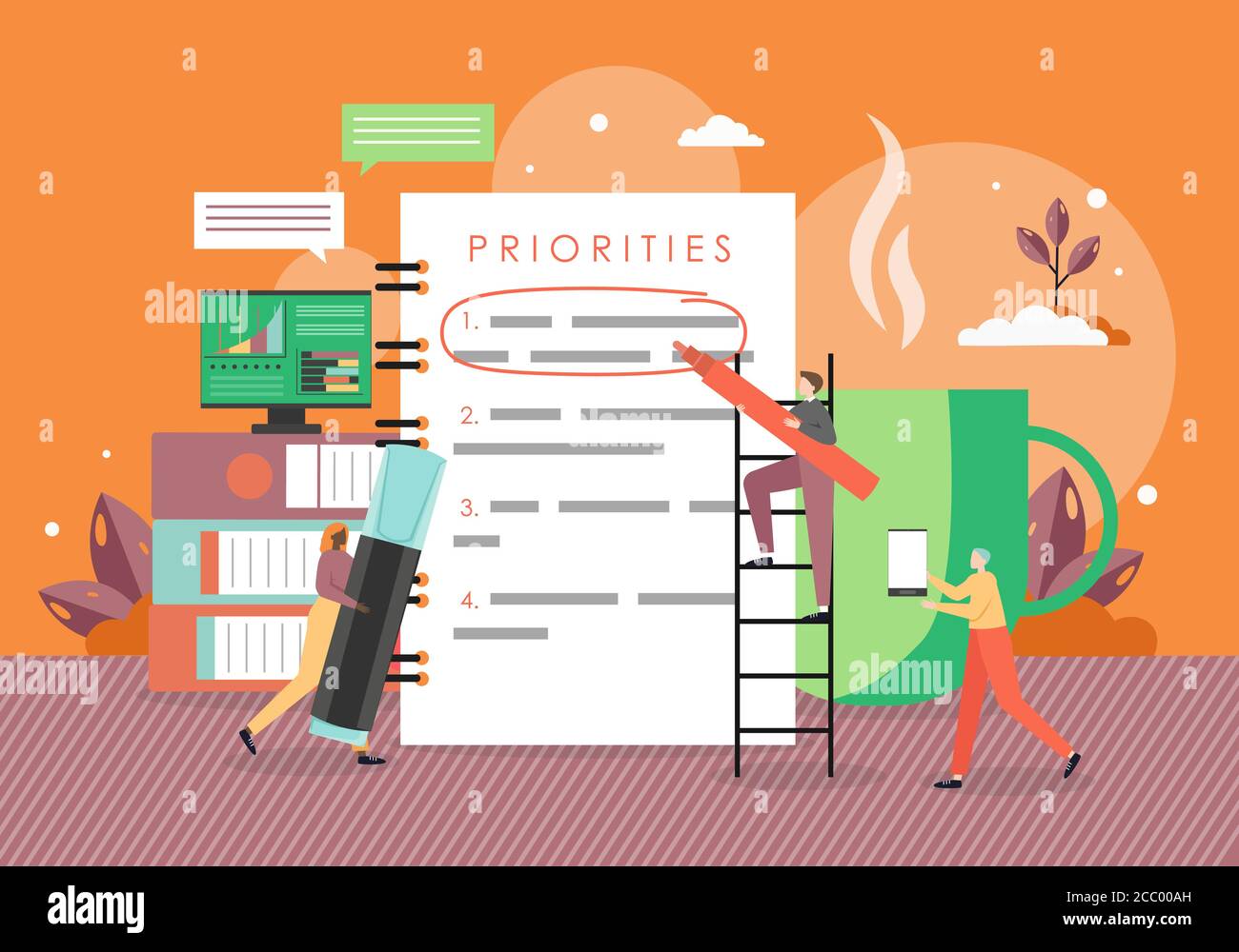 Growth agenda, to do list. Tiny people identifying priority tasks ...