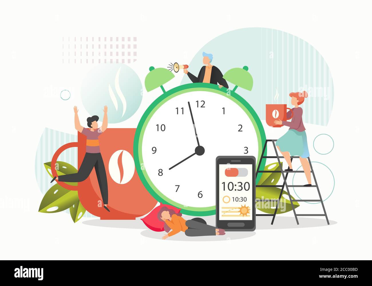 Wake up alarm clock, tiny characters sleeping, awaking, drinking coffee, vector flat illustration Stock Vector