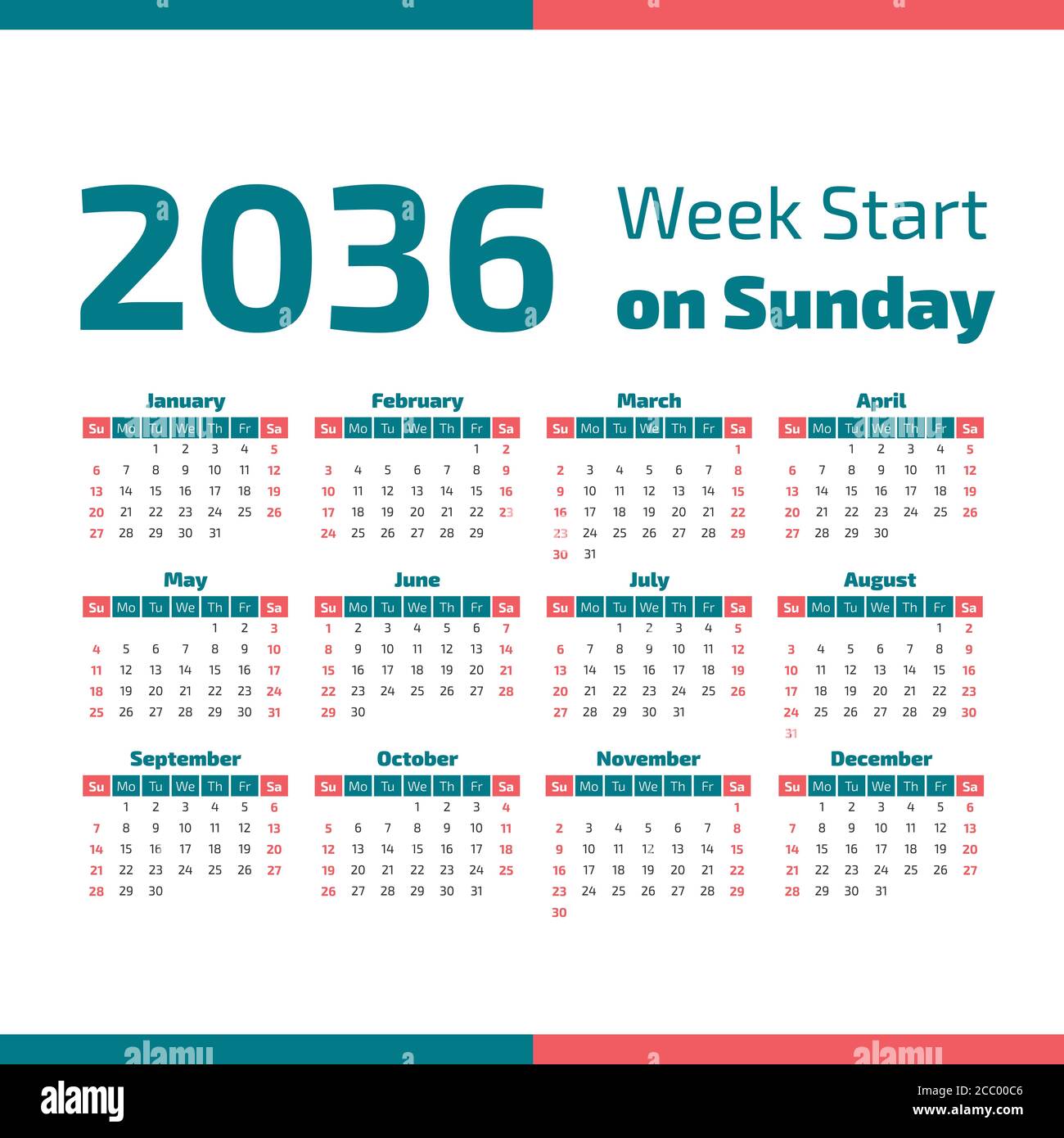 2036 Calendar with the weeks start on Sunday Stock Vector