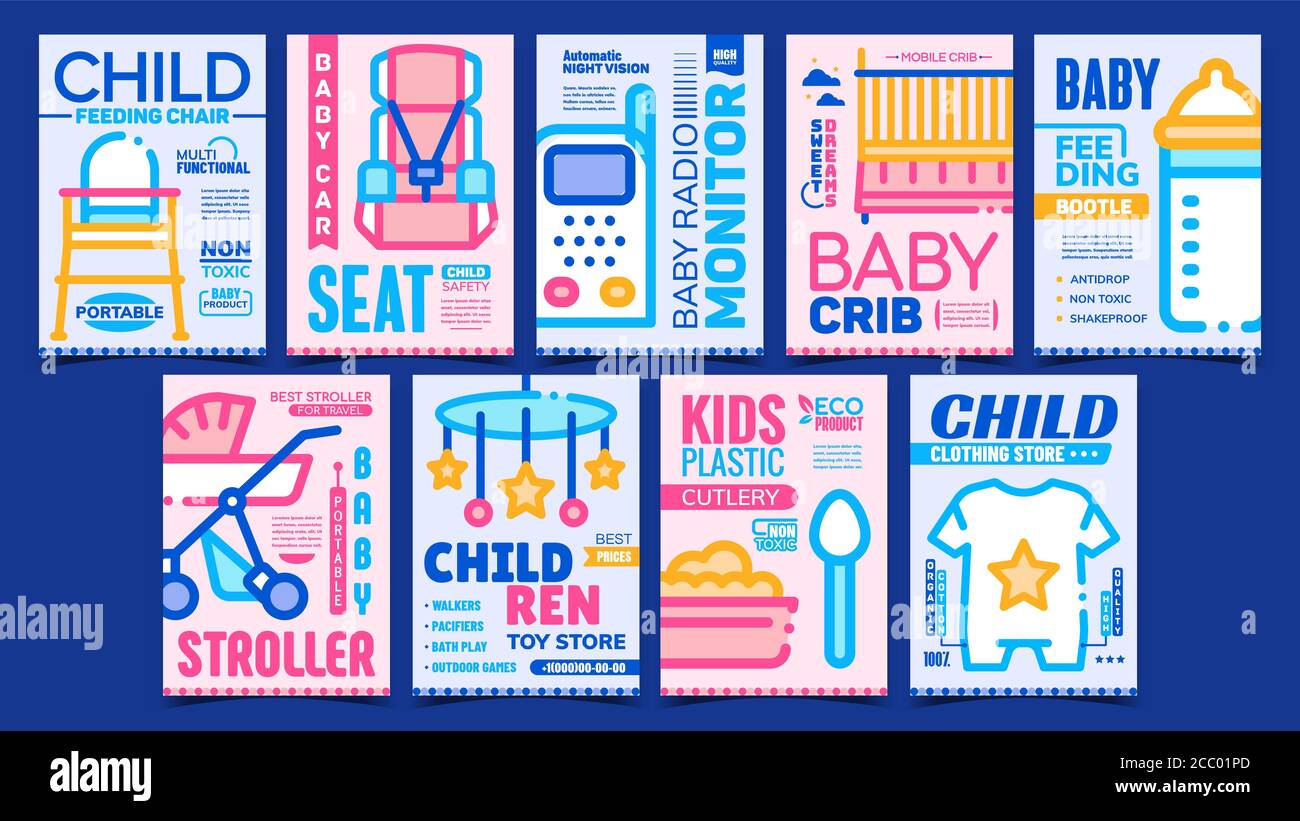 Baby Accessories Advertising Posters Set Vector Stock Vector Image