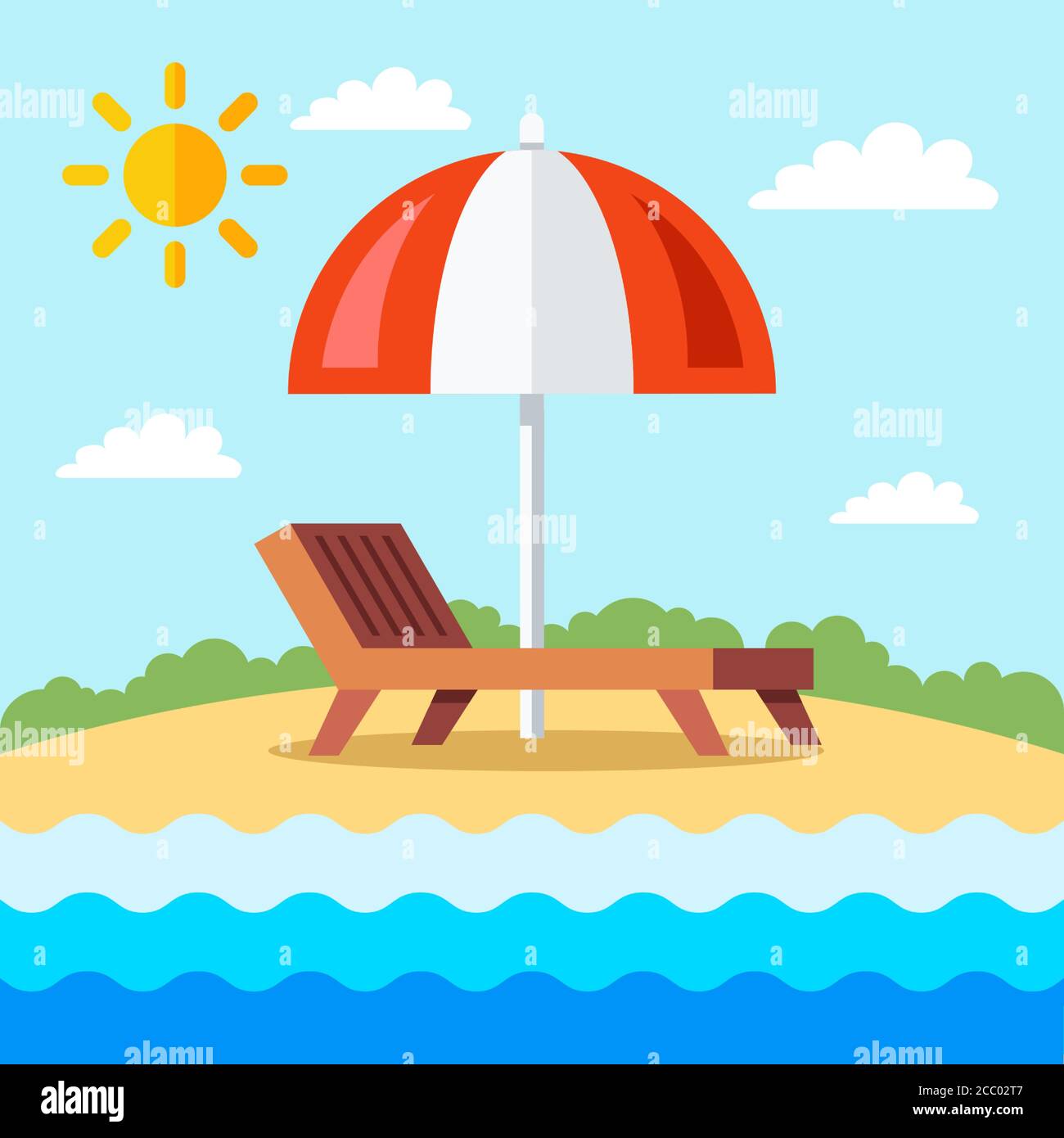 Sunbed Cartoon sunbed with umbrella on the beach with sand. flat vector illustration ...