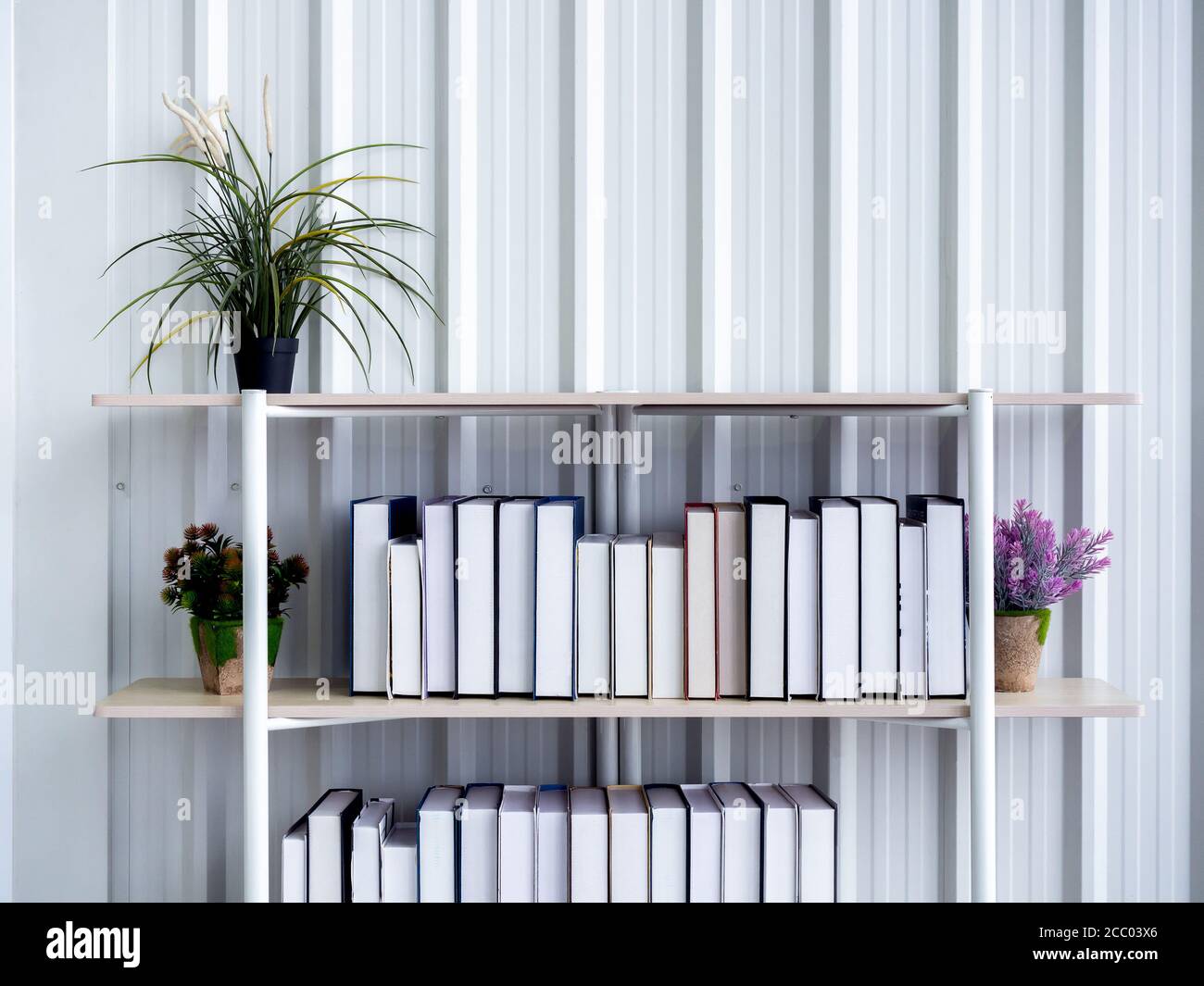Many Books On Bookshelf With Plant Pots On White Container Wall Background With Copy Space Stock Photo Alamy Many Books On Bookshelf With Plant Pots On White Container Wall Background With Copy Space Stock Photo Alamy