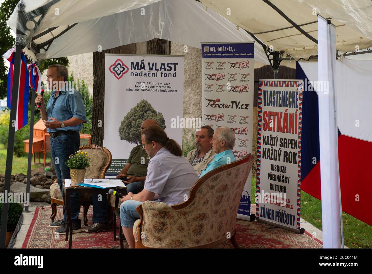 Pricovy, Czech Republic. 15th Aug, 2020. JIRI KOBZA of SPD speaks during the 2nd annual Patriotic meeting in Pricovy chateau, Czech Republic, August 15, 2020. Credit: Vaclav Pancer/CTK Photo/Alamy Live News Stock Photo