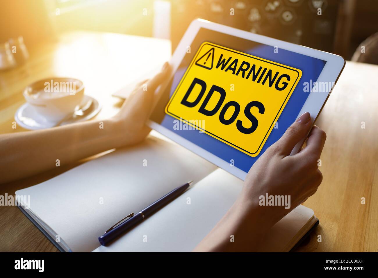 DDoS attack detection message. Virus and Hacking. Cyber security and internet concept Stock Photo