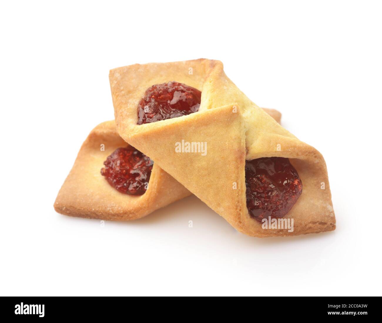 Jam filled envelope shortbread cookies isolated on white Stock Photo