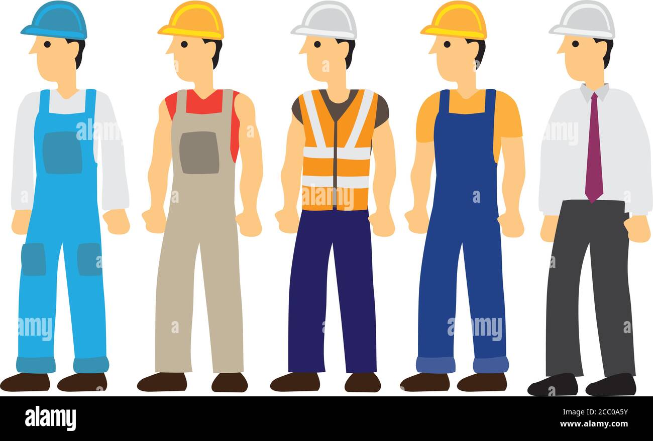 Five construction workers character. Flat isolated vector illustration. Stock Vector
