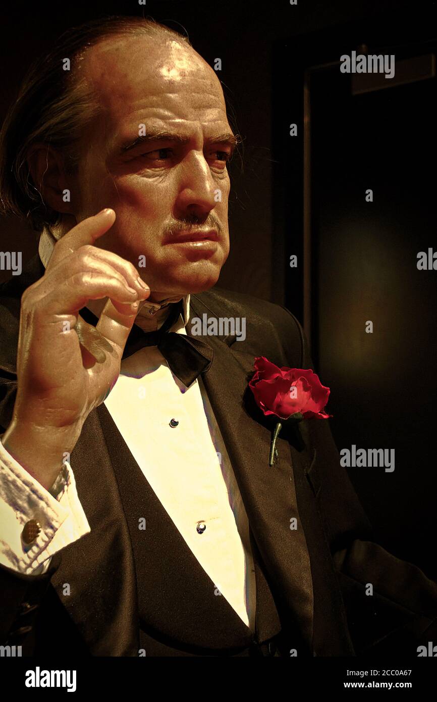 Waxwork of Marlon Brando as Godfather Don Vito Corleone,Madame Tussauds Hollywood.an enemy, says,  “It’s not personal, it’s just business.” Stock Photo