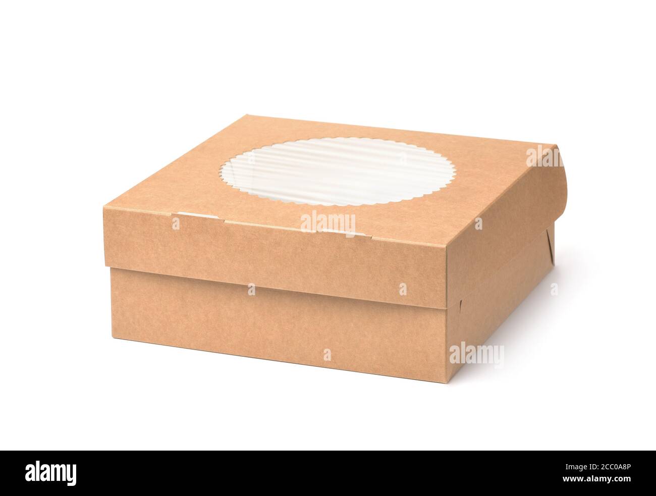 Brown paper box with round transparent window isolated on white background Stock Photo