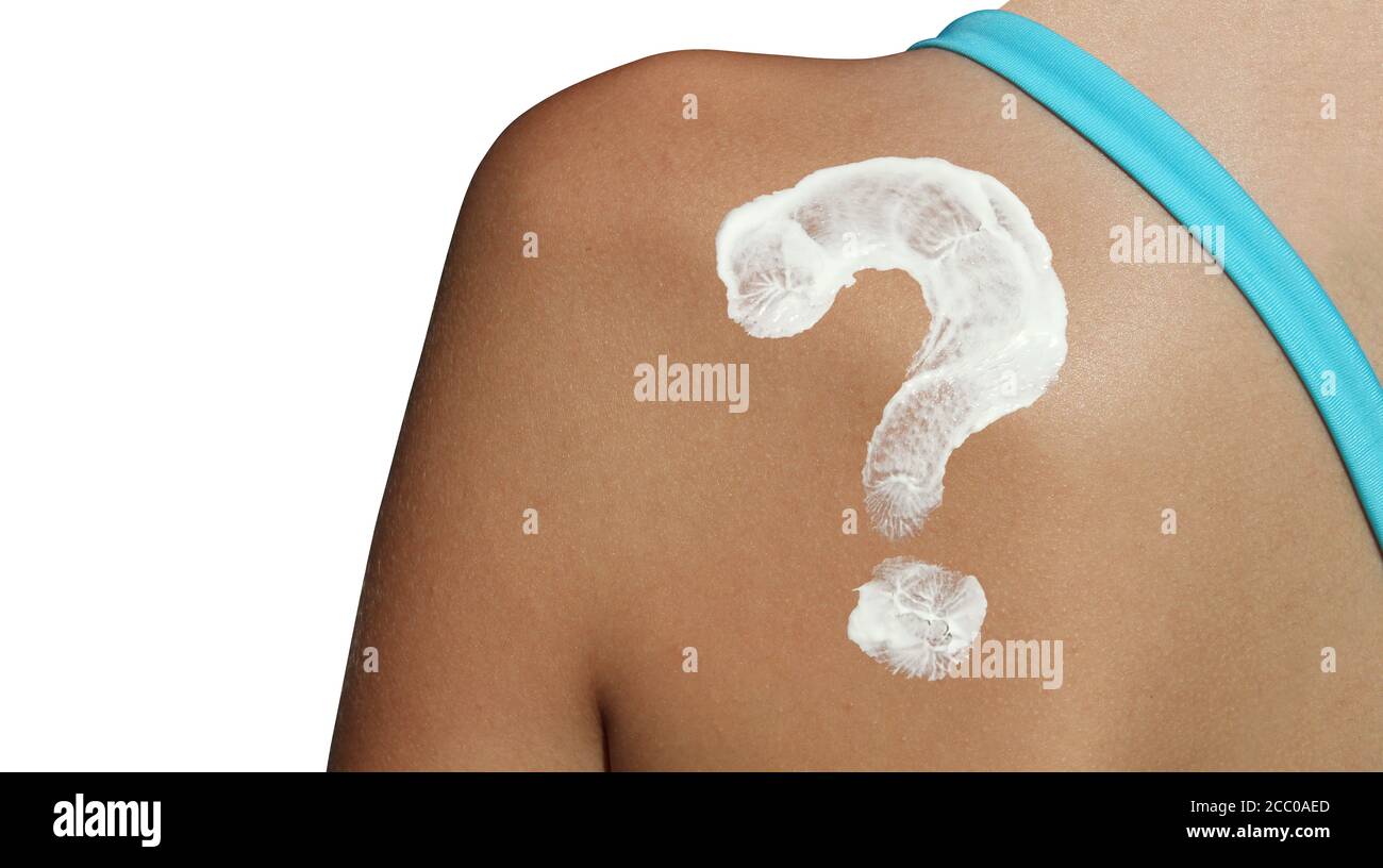 Sun screen and sunscreen idea or sunblock and skin cancer protection as protective cream shaped as a question mark to prevent sunburn. Stock Photo