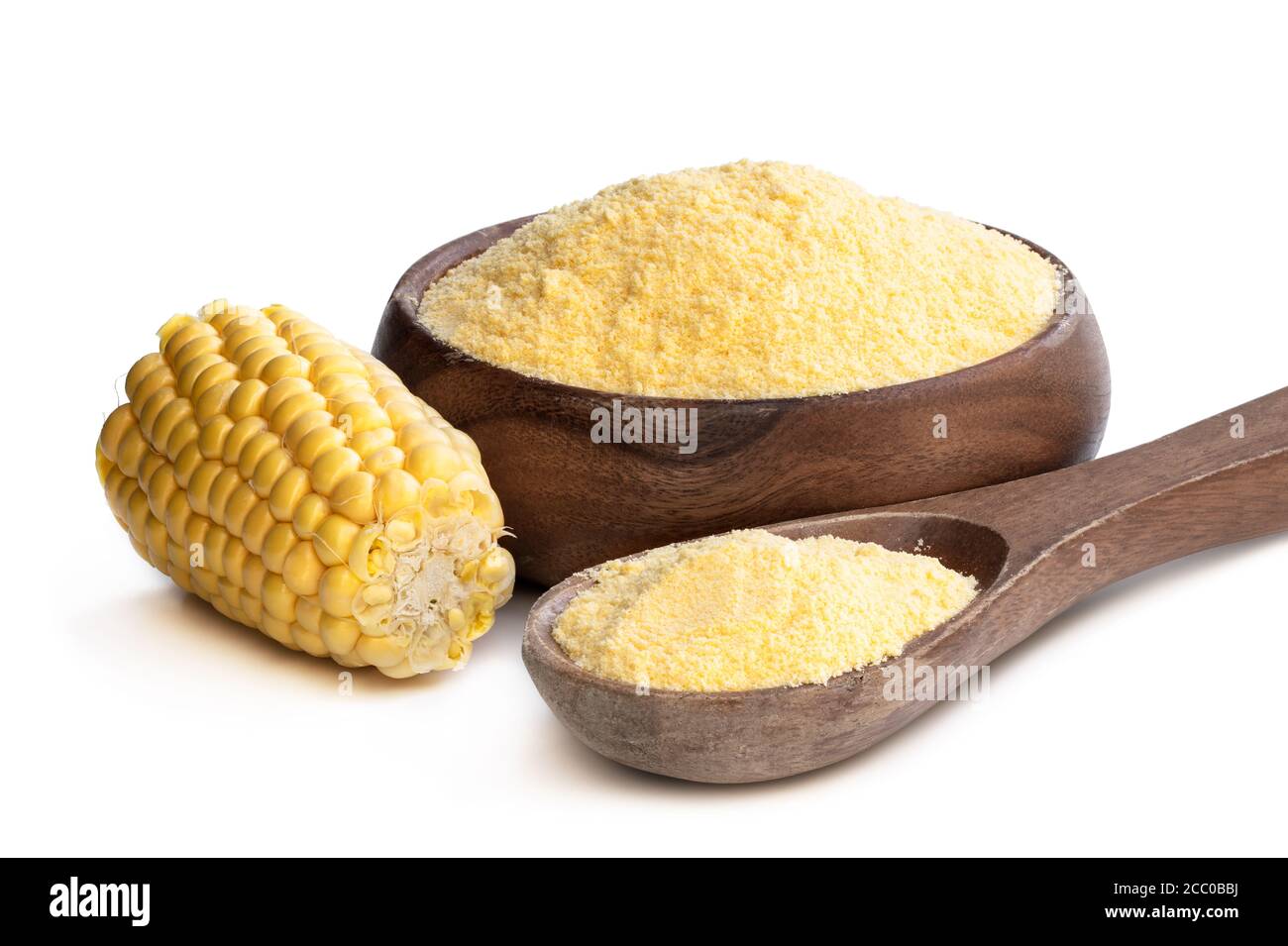Corn maize meal in wooden bowl isolated on white Stock Photo - Alamy